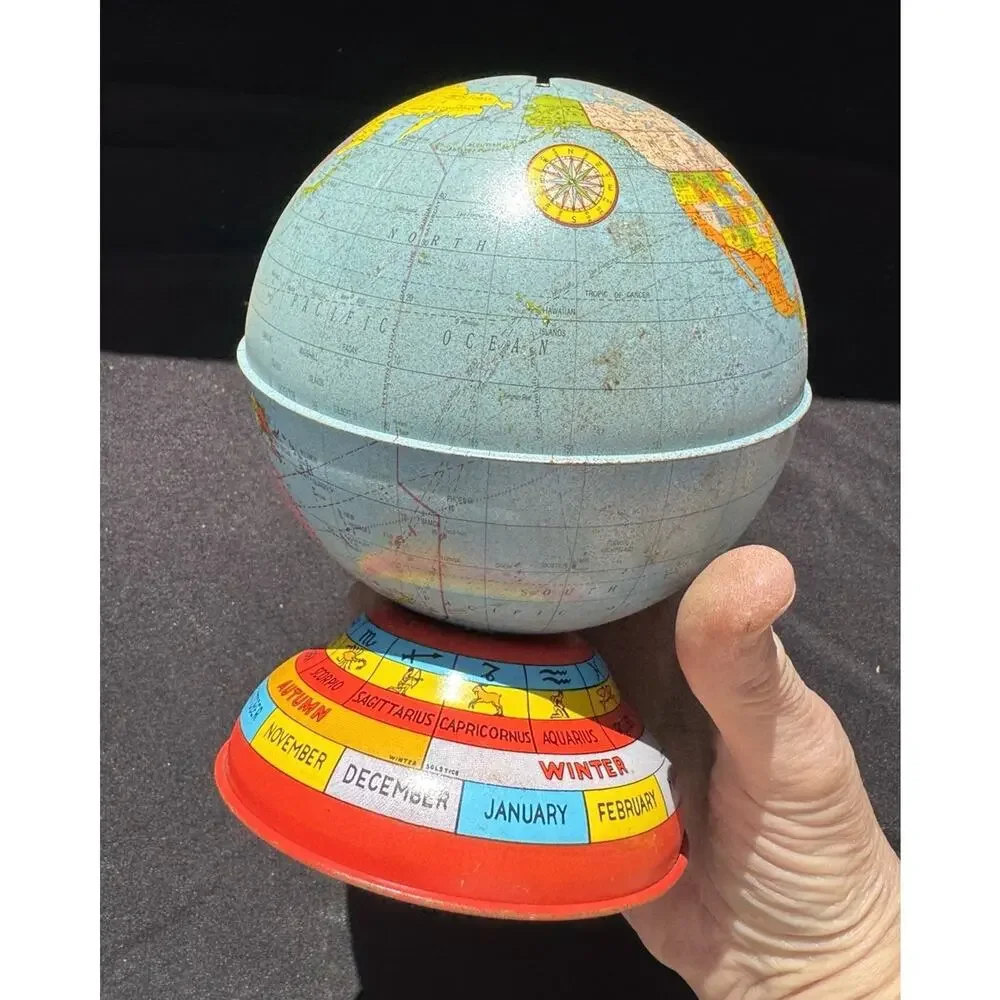 Vintage Metal Globe Coin Bank By Ohio Art Co with Months Seasons Zodiac Signs